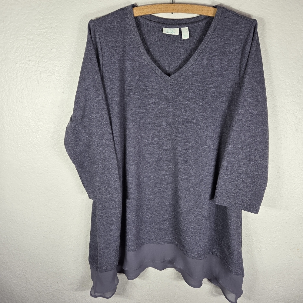 LOGO Lounge by Lori Goldstein Blue Tunic Top Size M Mesh Detail V-Neck